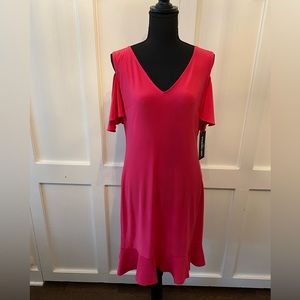 Karl Lagerfeld Paris NWT hot pink, V-neck cold shoulder flattering dress